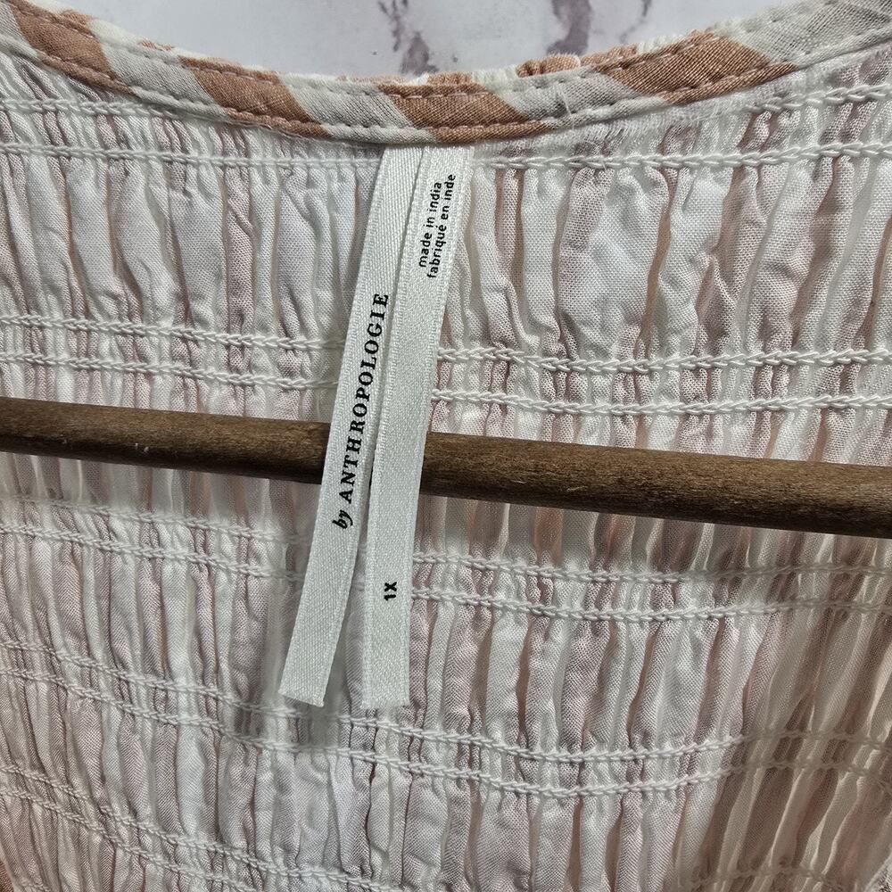 By Anthropologie Dress Womens 1X Pink White Stripe Smocked Midi Flutter - Picture 3 of 12